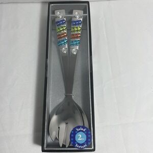 Wild Eye Designs 2 Piece Salad Server Set Colorful Wire Spiral Glass Beads‎ NIB